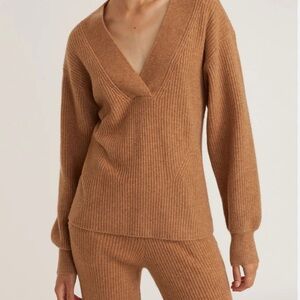 Marissa Webb Fritz Ribbed Cashmere Blend V Neck Sweater Camel